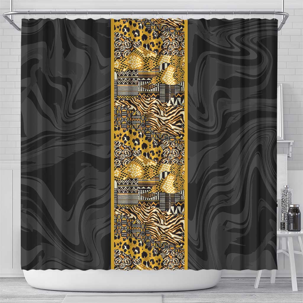 African Tribal Heritage Shower Curtain Black Gold Pattern