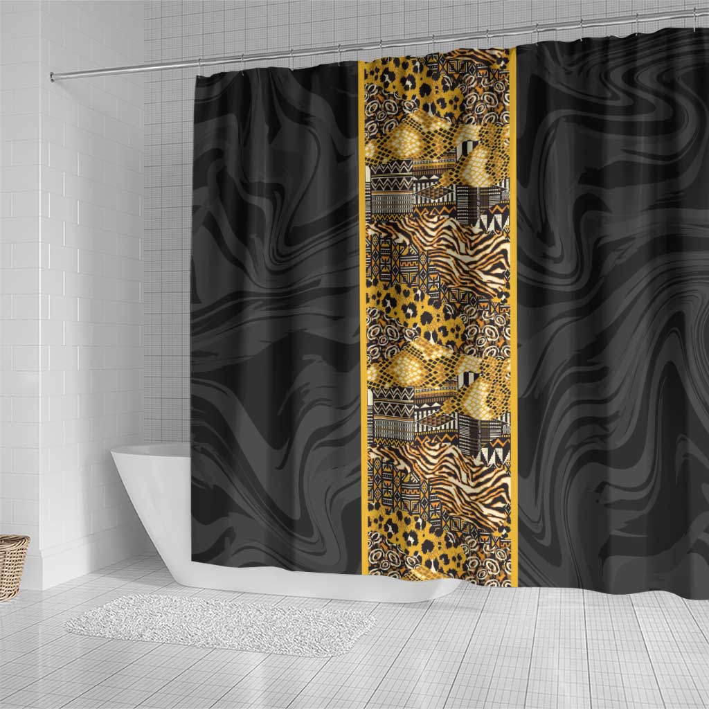 African Tribal Heritage Shower Curtain Black Gold Pattern