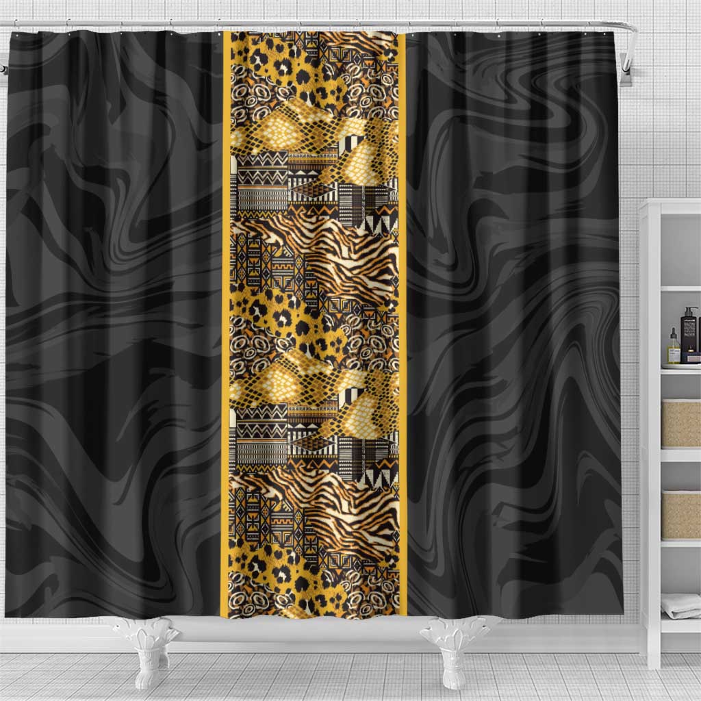 African Tribal Heritage Shower Curtain Black Gold Pattern