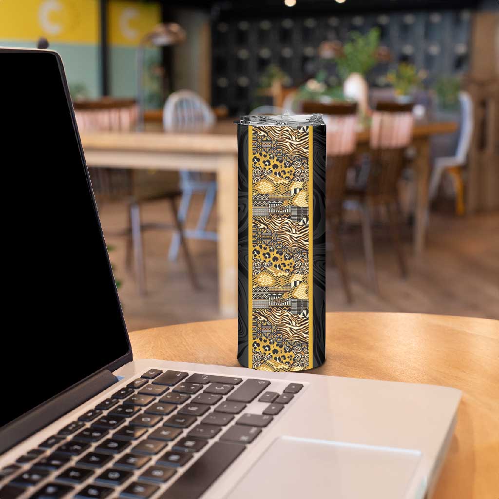 African Tribal Heritage Skinny Tumbler Black Gold Pattern