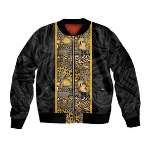 African Tribal Heritage Sleeve Zip Bomber Jacket Black Gold Pattern