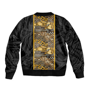 African Tribal Heritage Sleeve Zip Bomber Jacket Black Gold Pattern