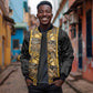 African Tribal Heritage Sleeve Zip Bomber Jacket Black Gold Pattern