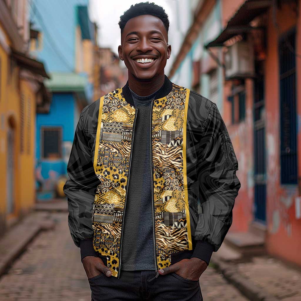 African Tribal Heritage Sleeve Zip Bomber Jacket Black Gold Pattern