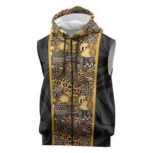 African Tribal Heritage Sleeveless Zip Hoodie Black Gold Pattern