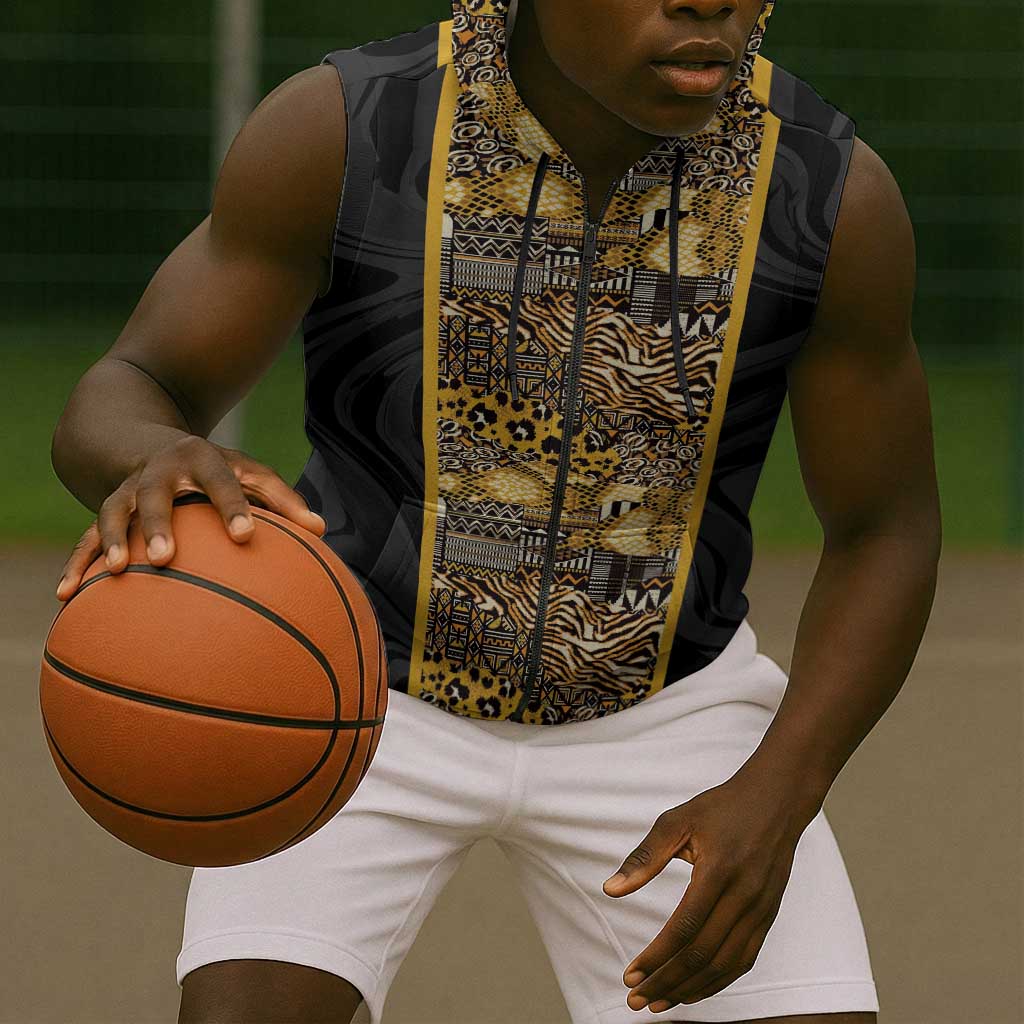 African Tribal Heritage Sleeveless Zip Hoodie Black Gold Pattern