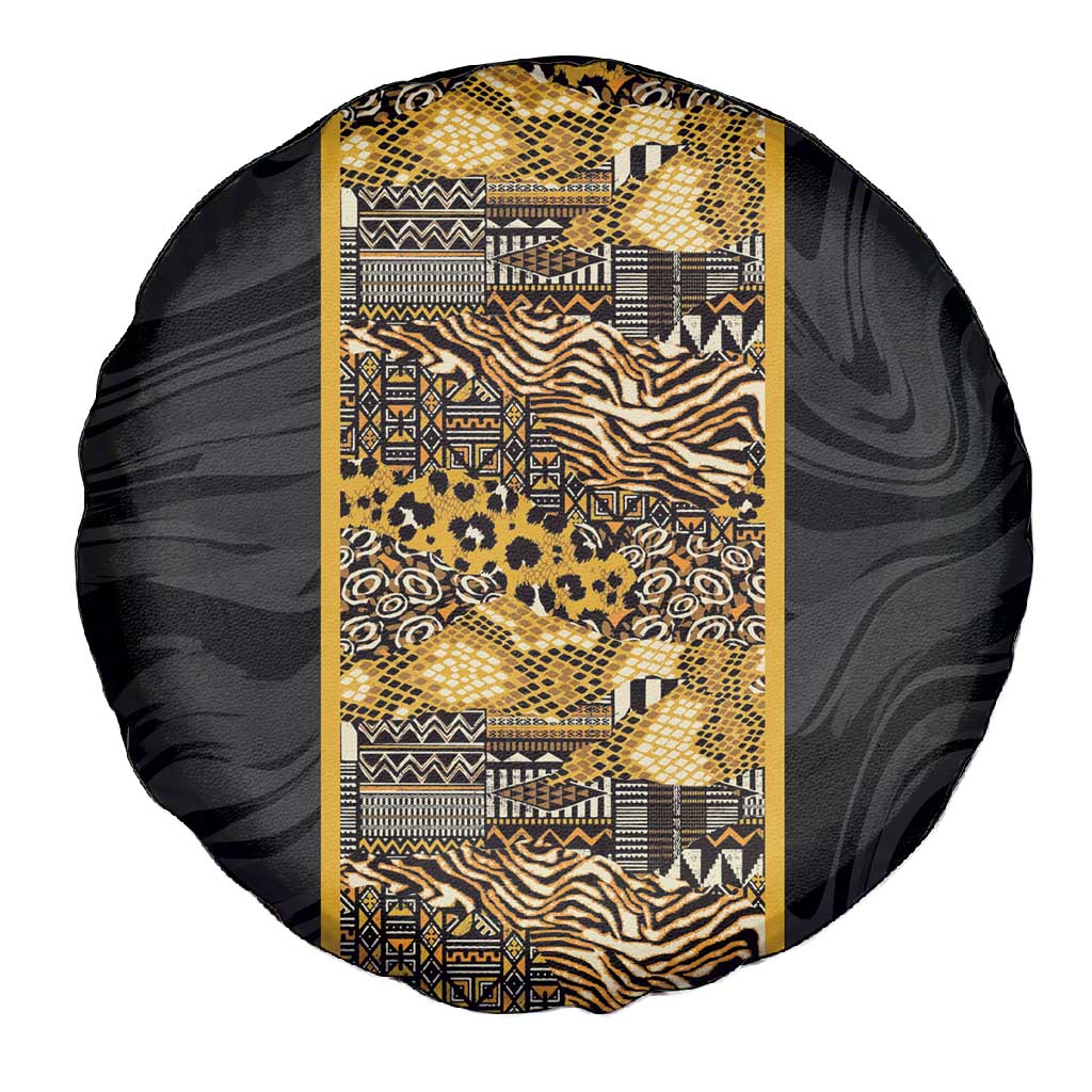 African Tribal Heritage Spare Tire Cover Black Gold Pattern