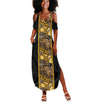 African Tribal Heritage Summer Maxi Dress Black Gold Pattern