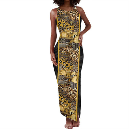 African Tribal Heritage Tank Maxi Dress Black Gold Pattern