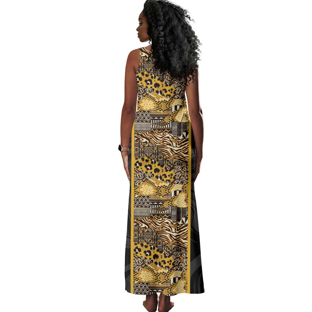 African Tribal Heritage Tank Maxi Dress Black Gold Pattern