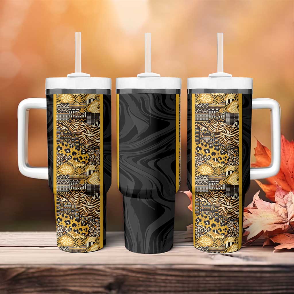African Tribal Heritage Tumbler With Handle Black Gold Pattern