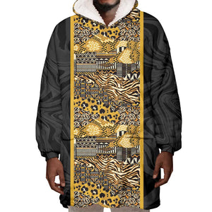 African Tribal Heritage Wearable Blanket Hoodie Black Gold Pattern