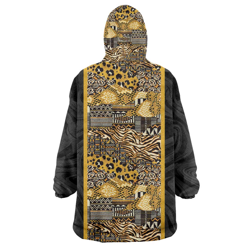 African Tribal Heritage Wearable Blanket Hoodie Black Gold Pattern