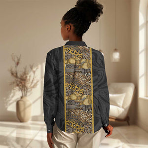 African Tribal Heritage Women Casual Shirt Black Gold Pattern