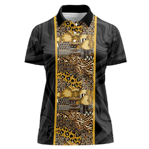 African Tribal Heritage Women Polo Shirt Black Gold Pattern