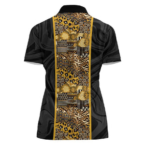 African Tribal Heritage Women Polo Shirt Black Gold Pattern