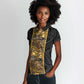 African Tribal Heritage Women Polo Shirt Black Gold Pattern