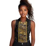 African Tribal Heritage Women Sleeveless Polo Shirt Black Gold Pattern