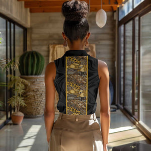 African Tribal Heritage Women Sleeveless Polo Shirt Black Gold Pattern