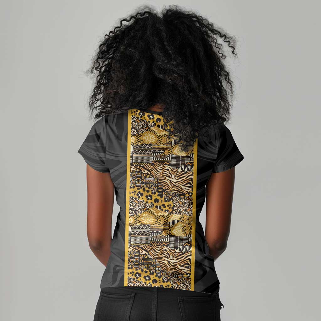 African Tribal Heritage Women V-Neck T-Shirt Black Gold Pattern