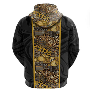 African Tribal Heritage Zip Hoodie Black Gold Pattern