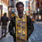 African Tribal Heritage Zip Hoodie Black Gold Pattern