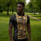 African Tribal Heritage Zipper Polo Shirt Black Gold Pattern