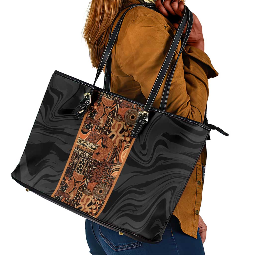 African Tribal Heritage Leather Tote Bag Earth Tone Pattern