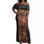African Tribal Heritage Off Shoulder Maxi Dress Earth Tone Pattern