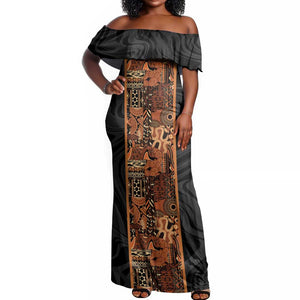 African Tribal Heritage Off Shoulder Maxi Dress Earth Tone Pattern
