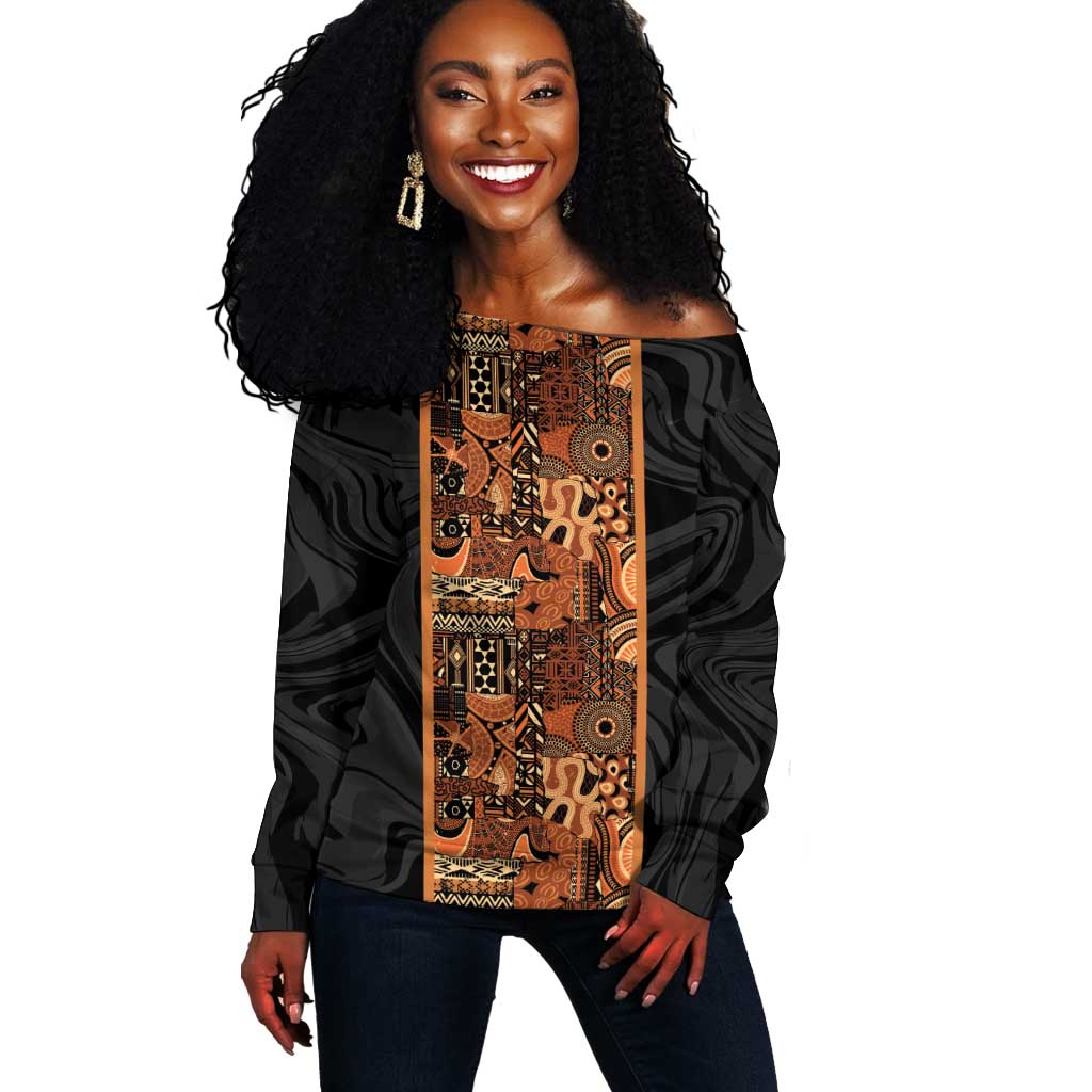 African Tribal Heritage Off Shoulder Sweater Earth Tone Pattern