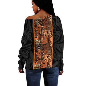 African Tribal Heritage Off Shoulder Sweater Earth Tone Pattern