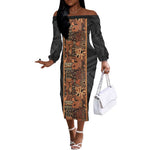 African Tribal Heritage Off The Shoulder Long Sleeve Dress Earth Tone Pattern