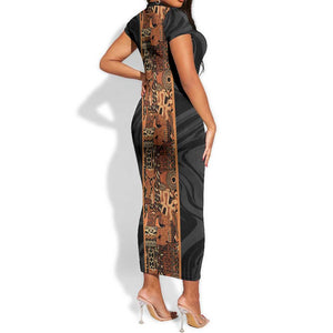 African Tribal Heritage Short Sleeve Bodycon Dress Earth Tone Pattern
