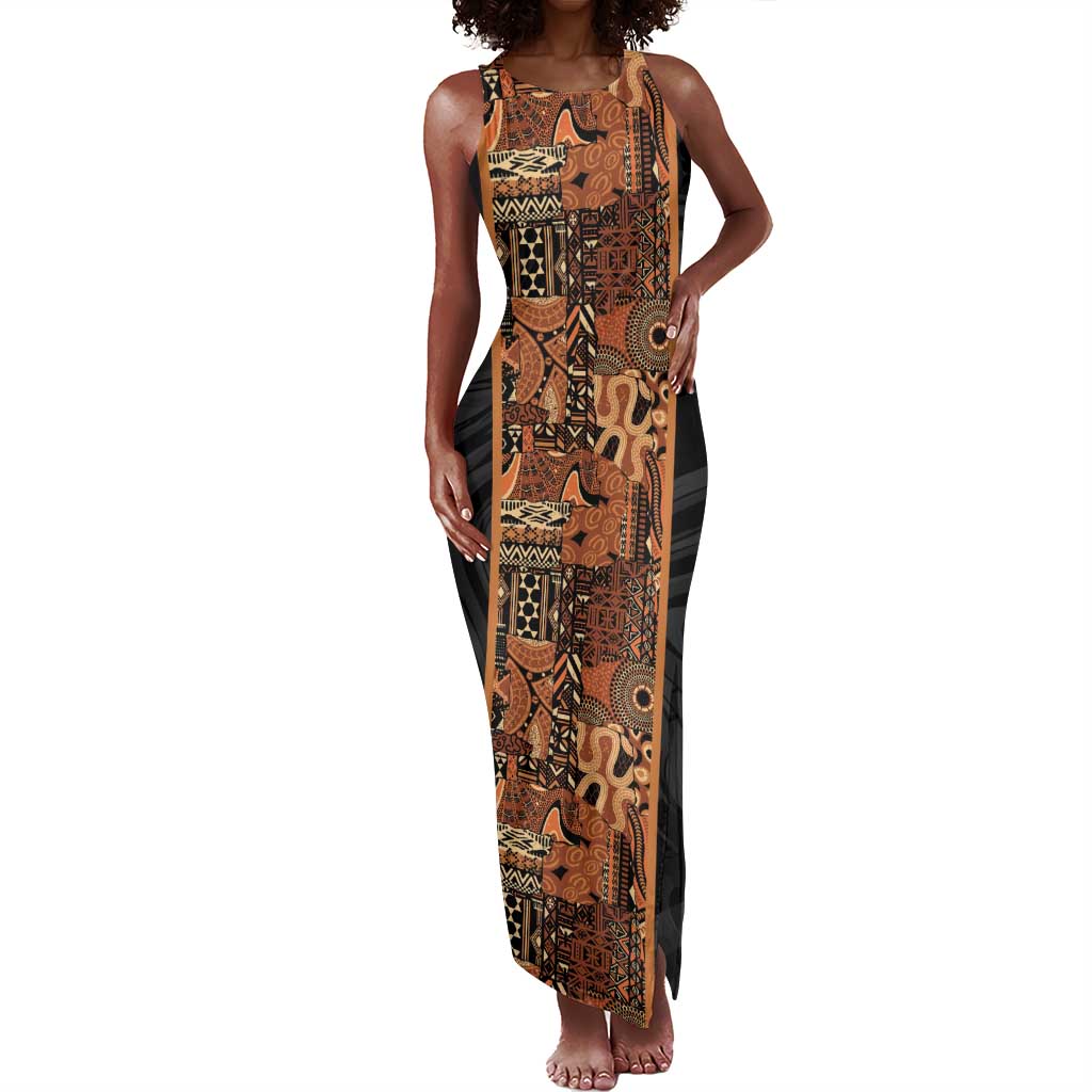 African Tribal Heritage Tank Maxi Dress Earth Tone Pattern