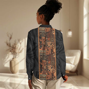 African Tribal Heritage Women Casual Shirt Earth Tone Pattern