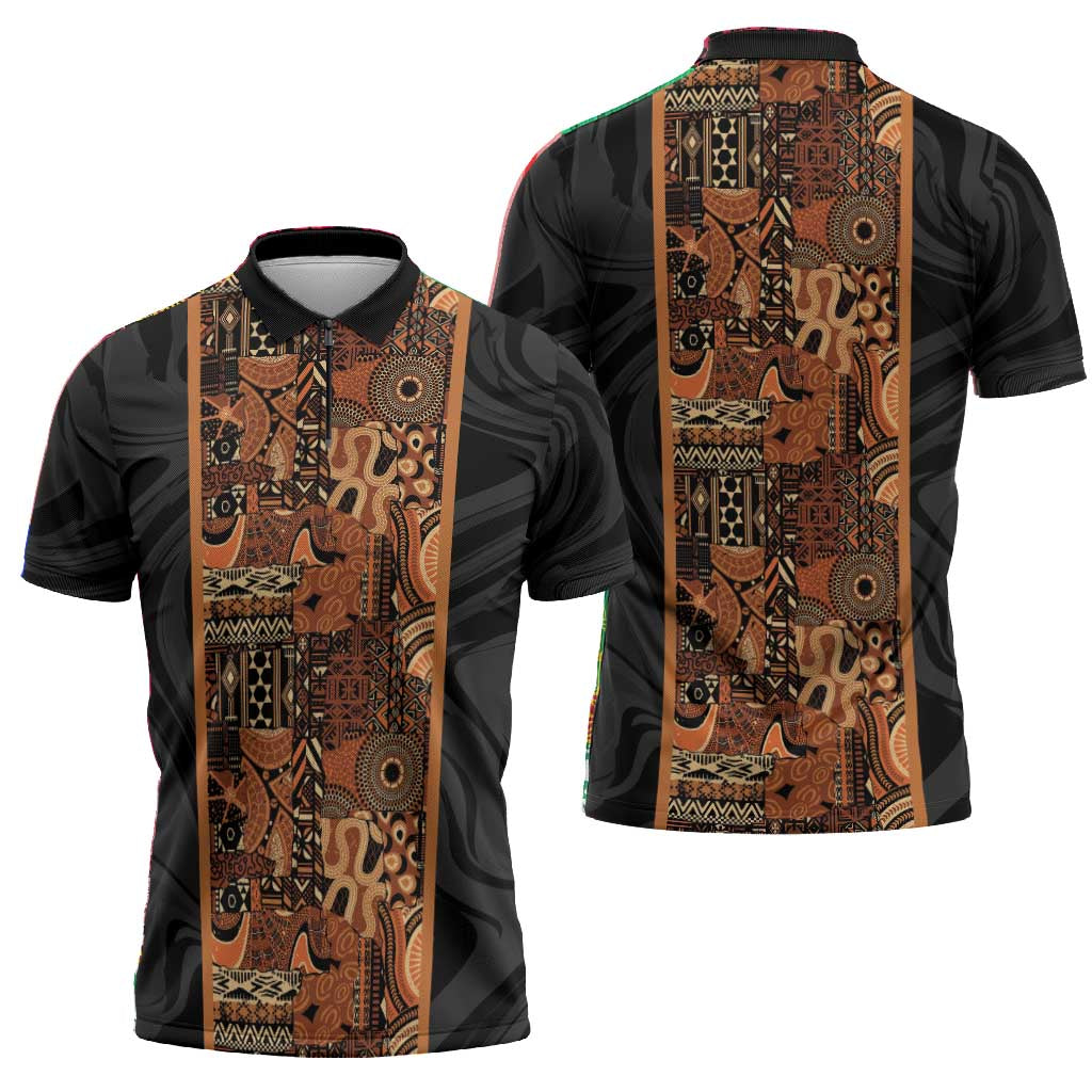 African Tribal Heritage Zipper Polo Shirt Earth Tone Pattern