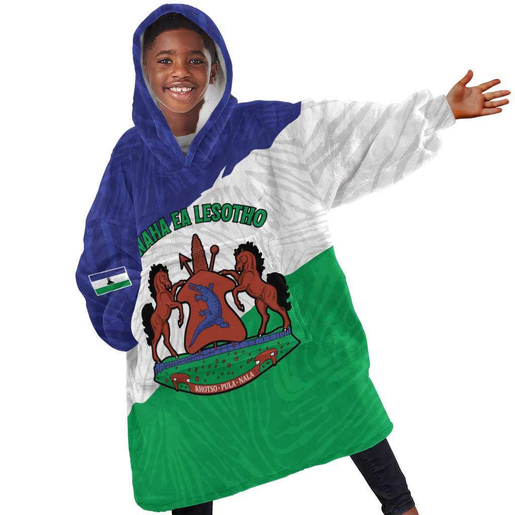 Personalised Afro Lesotho Kid Wearable Blanket Hoodie Coat Of Arms With Map - Grunge Style