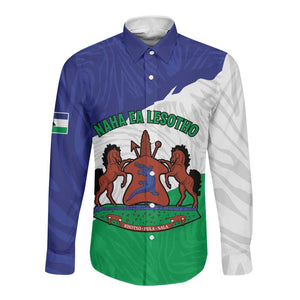 Personalised Afro Lesotho Long Sleeve Button Shirt Coat Of Arms With Map - Grunge Style