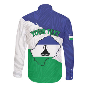 Personalised Afro Lesotho Long Sleeve Button Shirt Coat Of Arms With Map - Grunge Style