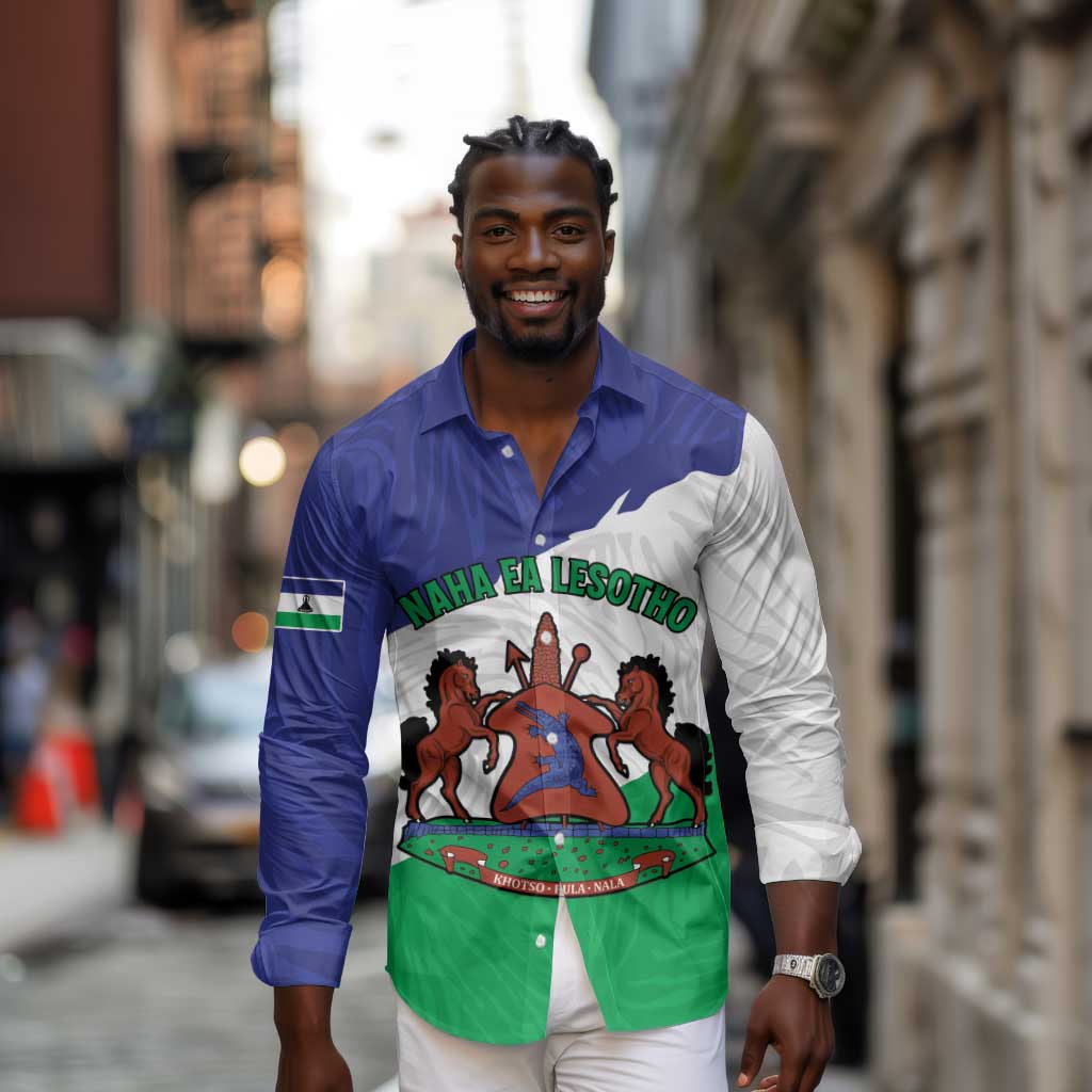 Personalised Afro Lesotho Long Sleeve Button Shirt Coat Of Arms With Map - Grunge Style