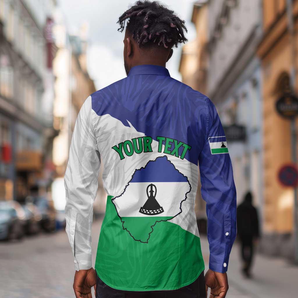 Personalised Afro Lesotho Long Sleeve Button Shirt Coat Of Arms With Map - Grunge Style
