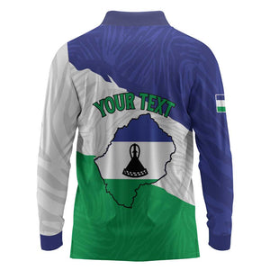 Personalised Afro Lesotho Long Sleeve Polo Shirt Coat Of Arms With Map - Grunge Style