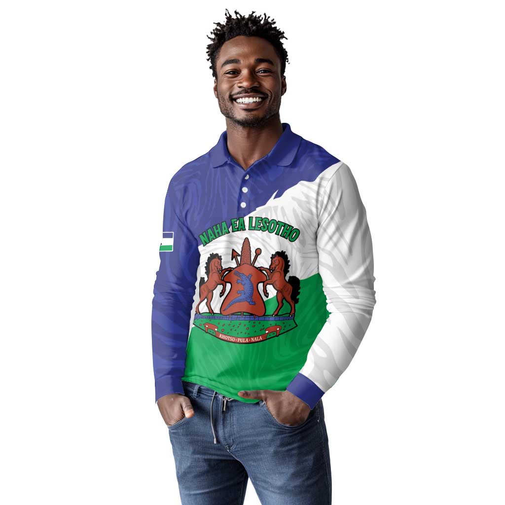 Personalised Afro Lesotho Long Sleeve Polo Shirt Coat Of Arms With Map - Grunge Style