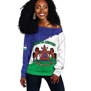 Personalised Afro Lesotho Off Shoulder Sweater Coat Of Arms With Map - Grunge Style