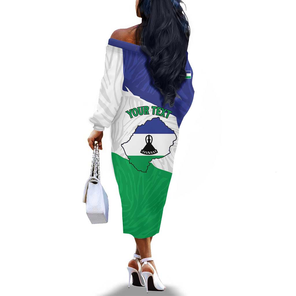 Personalised Afro Lesotho Off The Shoulder Long Sleeve Dress Coat Of Arms With Map - Grunge Style
