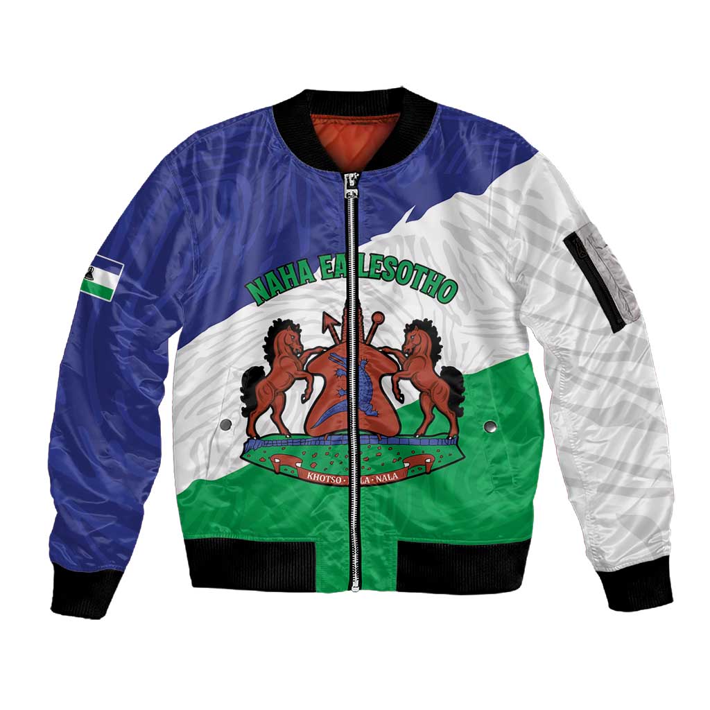 Personalised Afro Lesotho Sleeve Zip Bomber Jacket Coat Of Arms With Map - Grunge Style