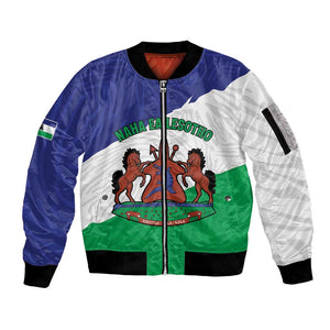 Personalised Afro Lesotho Sleeve Zip Bomber Jacket Coat Of Arms With Map - Grunge Style