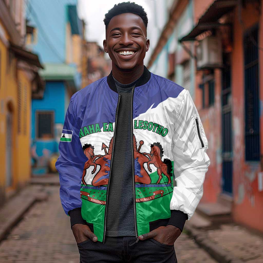 Personalised Afro Lesotho Sleeve Zip Bomber Jacket Coat Of Arms With Map - Grunge Style