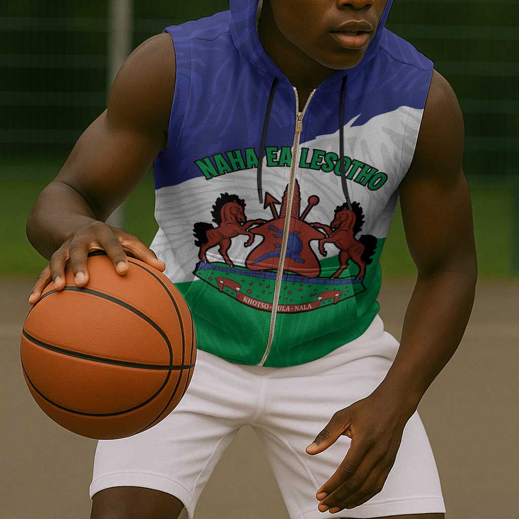 Personalised Afro Lesotho Sleeveless Zip Hoodie Coat Of Arms With Map - Grunge Style - African Pride